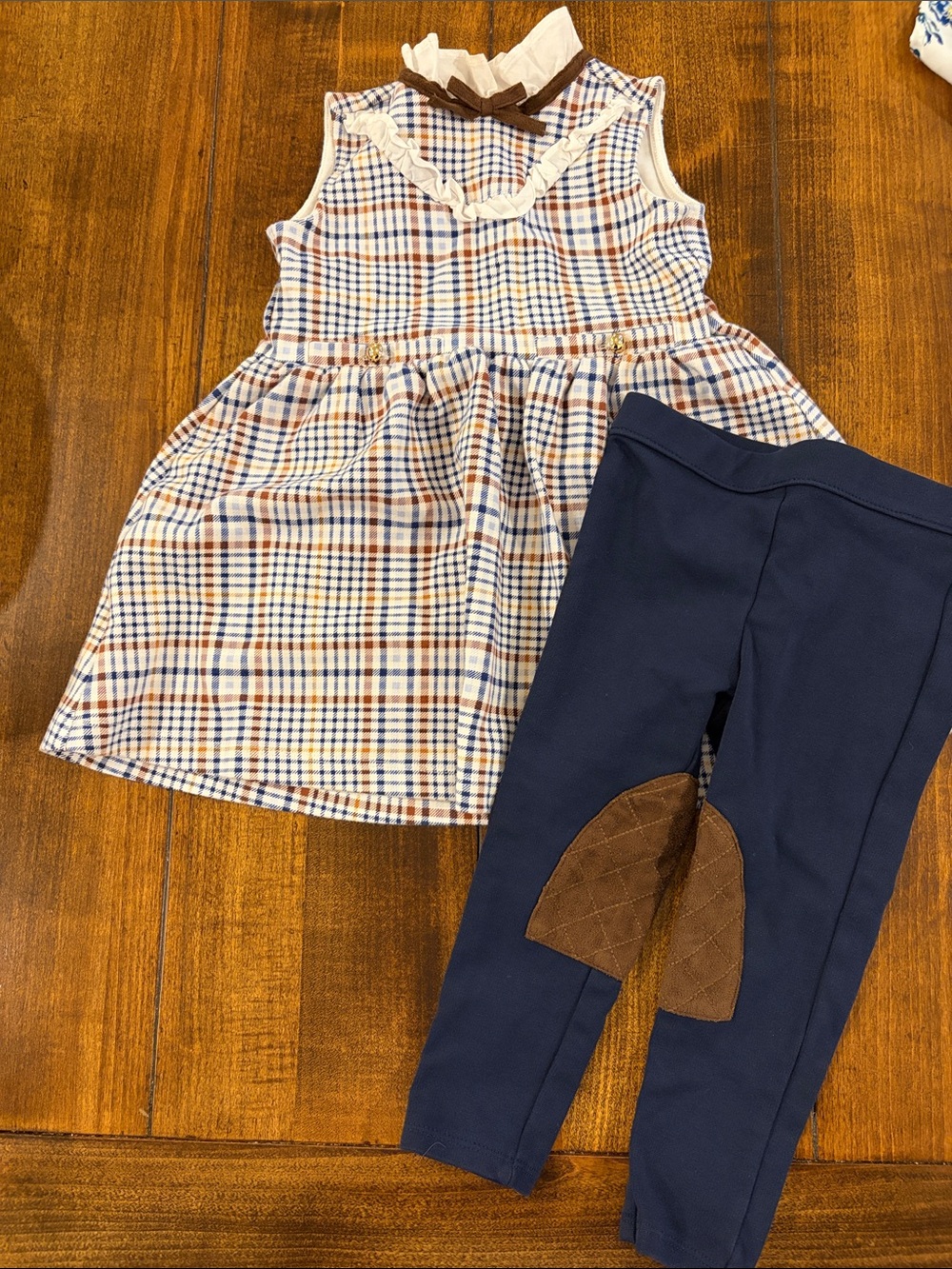 Janie and Jack Plaid Ruffle Collar Dress with Navy Leggings Set